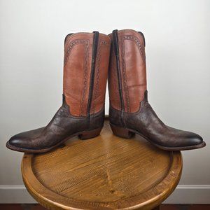 LUCCHESE MEN'S SIZE 14D, MADE IN USA Handmade BROWN Calfskin Western Boots NWT